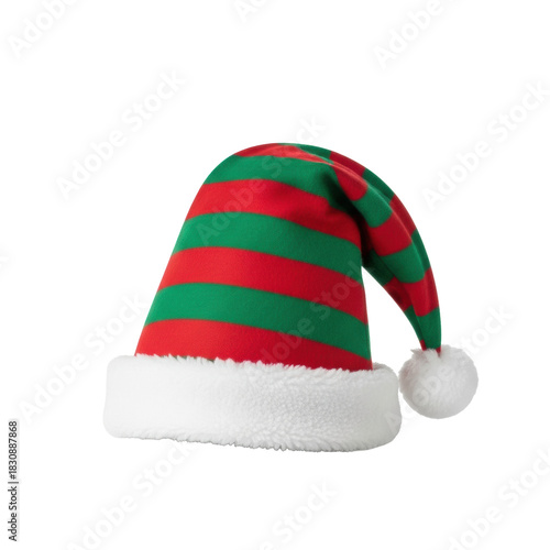 Vibrant red and green striped elf hat with a plush white faux fur brim, tilted, isolated on a clean transparent background with copy space, cheery festive christmas concept