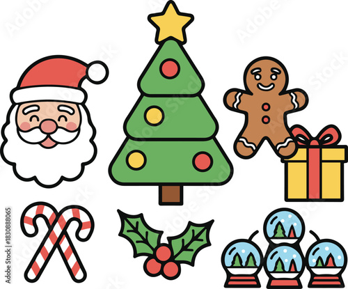 A festive set of cute cartoon Christmas icons including Santa Claus, a decorated tree, gingerbread man, gift box, candy canes, holly berries, and snow globes.