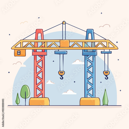 Two Tower Construction Cranes One Red One Blue With Yellow Lattice Structure Under A Light Blue Sky With Clouds And Stylized Trees On Ground Level In A Flat Design