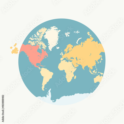 Stylized World Map Showing Continents in Pastel Colors on a Teal Blue Globe Background with Antarctica Visible Below