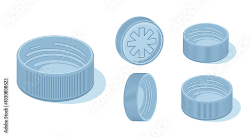 Multiple isometric views of a light blue plastic screw-on bottle cap, showcasing its ribbed exterior and internal threading.