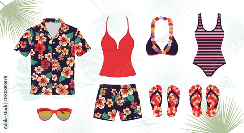 Essential summer vacation wardrobe and accessories featuring swimwear, a floral shirt, shorts, sunglasses, and flip-flops.