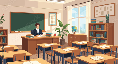 A male teacher sits at his desk in an empty, bright classroom, ready for a new school day, surrounded by educational materials.