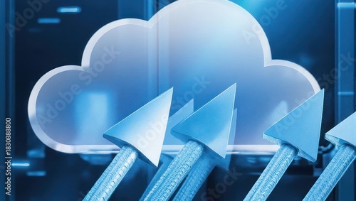 Cloud symbol with upward arrows suggesting data transfer within a server room