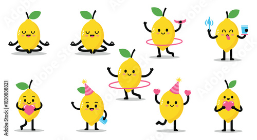 Adorable cartoon lemons showcasing a range of cheerful activities and expressions, including meditation, celebration, and love.