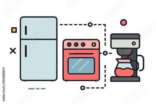 Smart home network diagram connecting kitchen appliances like refrigerator, oven, and coffee maker