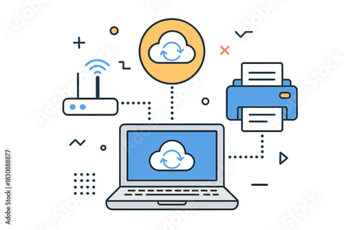 Digital data synchronization and networking flow chart with cloud storage and peripheral devices