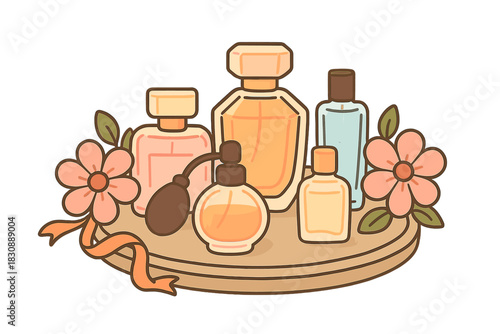 Elegant arrangement of assorted perfume bottles and floral decorations on a round wooden tray