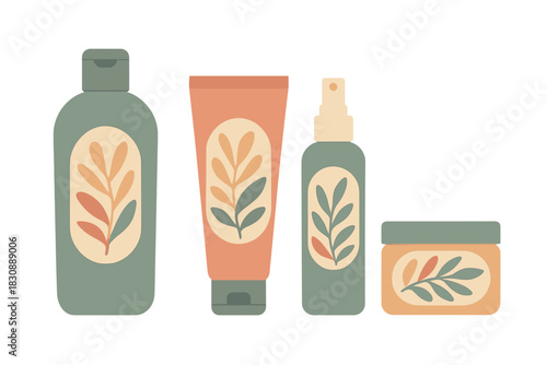 Collection of natural cosmetic product containers with botanical leaf designs