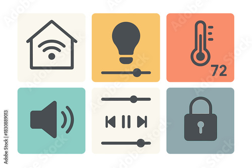 Modern set of smart home control icons for automation, security, climate, and entertainment systems