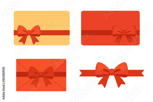 Festive gift cards and envelopes wrapped with red ribbon and bow for holidays and celebrations