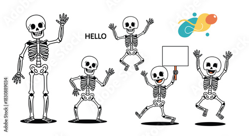 A collection of cute and friendly cartoon skeletons in various playful poses, ideal for Halloween or fun-themed designs.