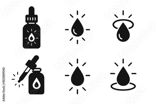 Black and white icons of cosmetic serum dropper bottles and glowing liquid drops