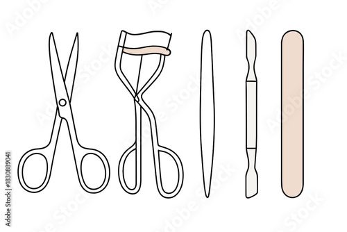 Minimalist outline of personal care tools including scissors, eyelash curler, and manicure instruments