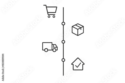 E-commerce purchase and delivery process timeline with line icons for shopping, shipping, and arrival
