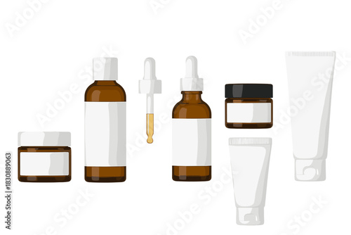 Blank cosmetic packaging containers set with dropper bottles, cream jars, and lotion tubes