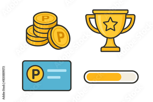 Gold coins, winner trophy, points card, and progress bar for game rewards