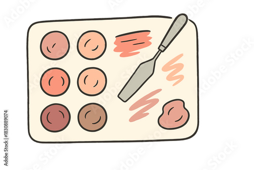 Cosmetic palette featuring diverse skin tone shades and a blending spatula for beauty products