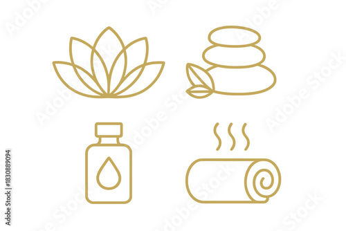 Minimalist spa and wellness symbols including lotus, essential oil, hot stones, and towel