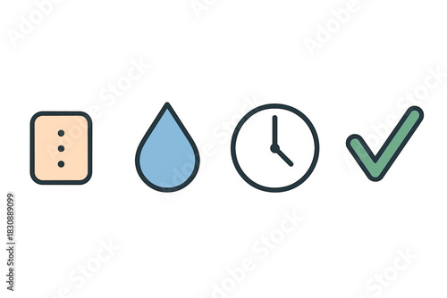 Minimalist essential icons set featuring menu, water droplet, clock, and checkmark symbols