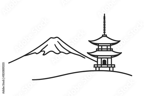 Iconic Japanese pagoda structure and majestic Mount Fuji landscape outline drawing for travel design
