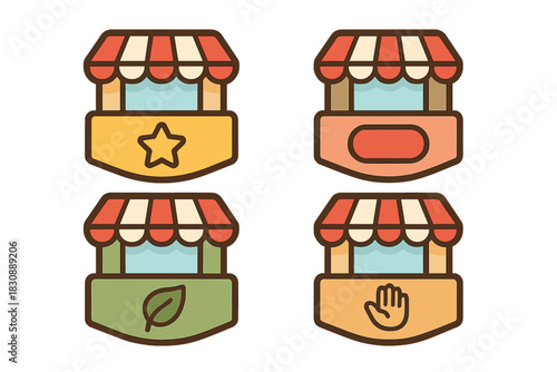Set of colorful market stall icons with striped awnings and business symbols