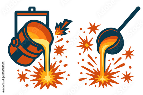 Molten metal pouring from ladle and crucible causing sparks and splashes in foundry