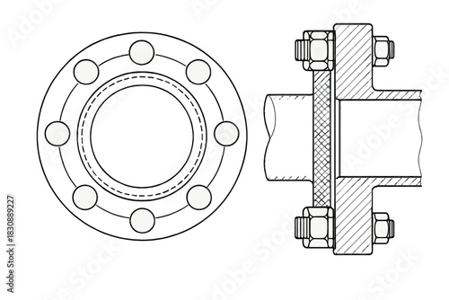 Pipe flange connection technical diagram showing front view and cross-section with bolts and gasket