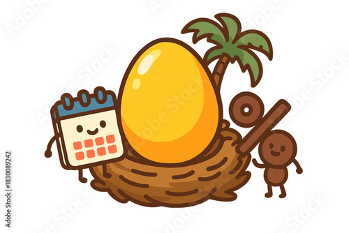 Golden egg in nest with smiling calendar character symbolizing long-term savings and investment growth