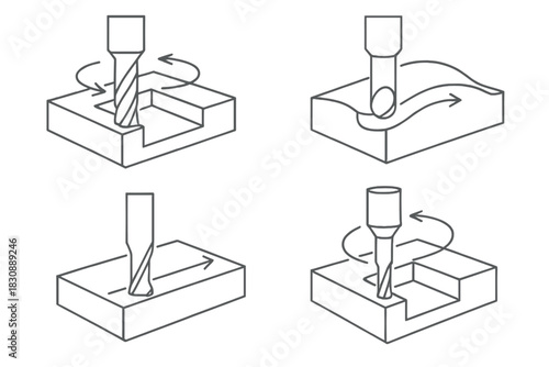 Four common machining processes shown with rotating end mill cutter on material blocks