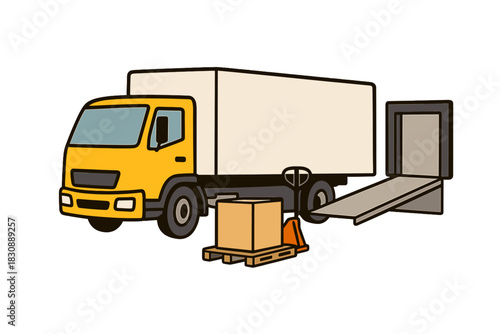 Yellow delivery truck with open liftgate, cargo box on pallet ready for shipping