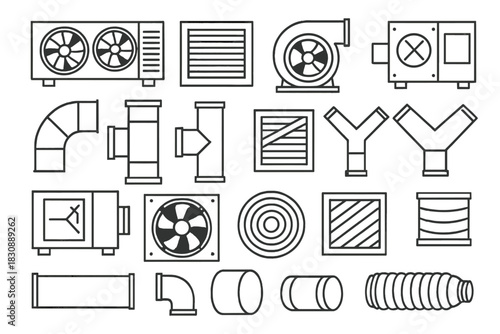 Set of HVAC system components including air conditioning units, ventilation fans, and ductwork fittings