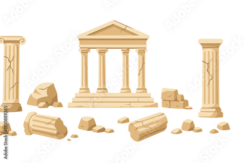 Ancient classical temple ruins with broken columns and stone fragments isolated on white background