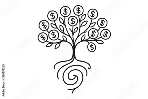 Black and white line art money tree symbolizing financial investment and wealth