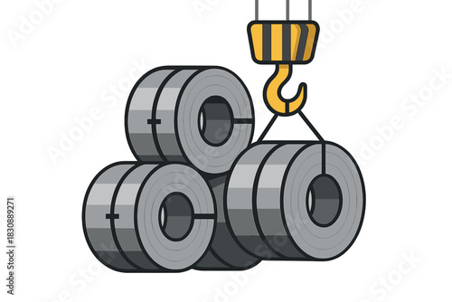 Industrial crane hook lifting heavy steel coils in manufacturing and construction