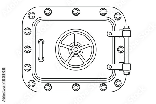 Heavy metal submarine hatch door secured by bolts featuring a large central locking wheel