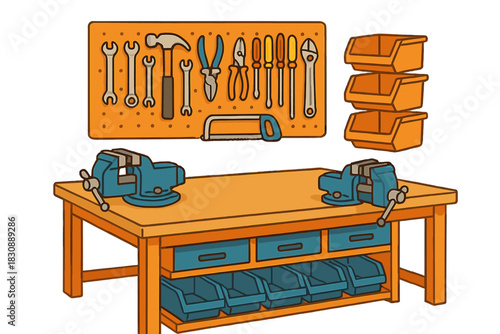 Workshop workbench with essential hand tools organized on a pegboard and storage drawers