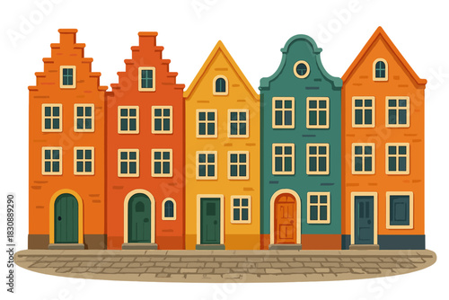 Colorful traditional European houses with stepped gables along a street pavement
