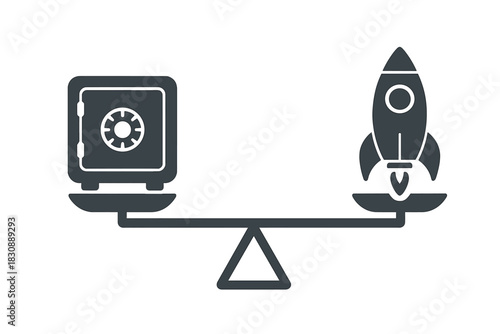 Safe and rocket balancing on a scale symbolizing risk versus security investment