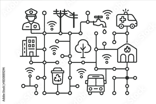 Interconnected Smart City services showing urban infrastructure and public safety