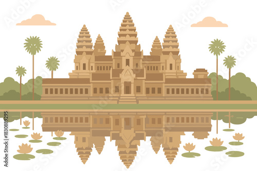 Iconic Cambodian temple architecture reflected in the water surrounded by lush tropical vegetation