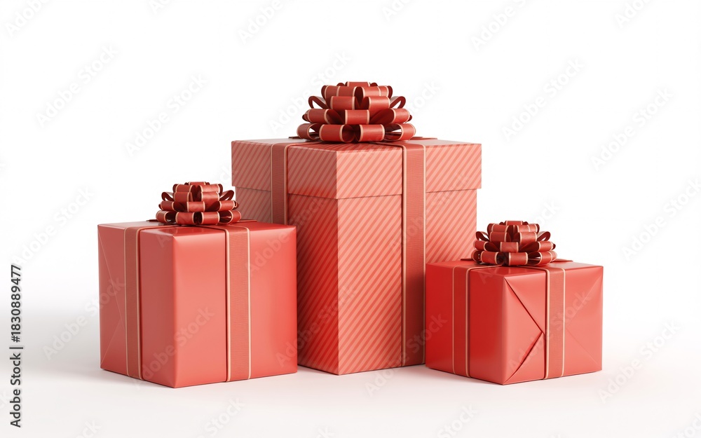 Obraz premium Red Gift Boxes with Decorative Bows on White Background