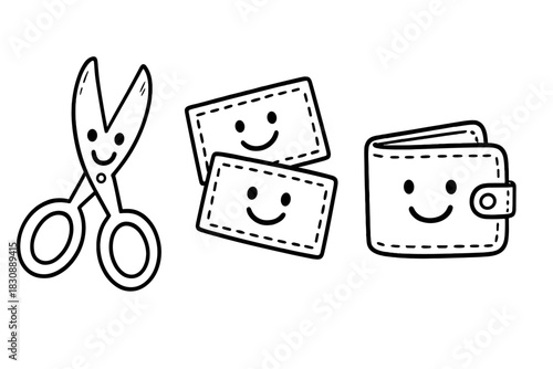 Kawaii style doodle set featuring smiling scissors, credit cards, and a folding wallet design