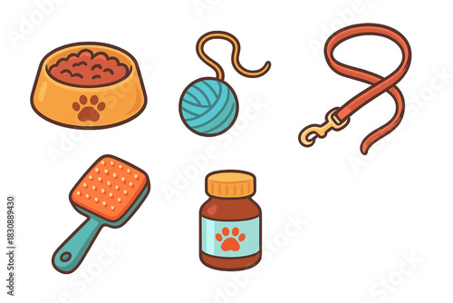 Essential supplies collection for domestic pets: food bowl, leash, grooming brush, toy, and medicine