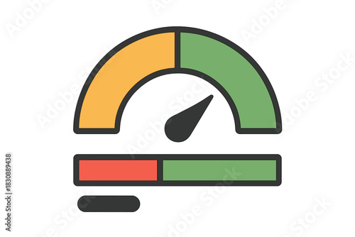 Detailed graphic showing a measurement dial, similar to a gauge, next to a horizontal status bar indicating a moderate level