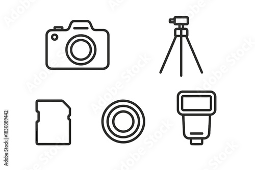 Essential photography equipment including camera, tripod, flash, memory card, and lens filter