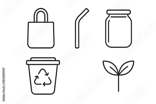 Sustainable living and zero waste line symbols for recycling and reusable items
