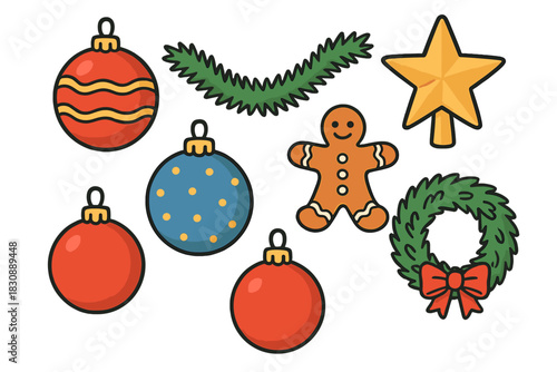 Collection of traditional Christmas and New Year holiday symbols and decorations