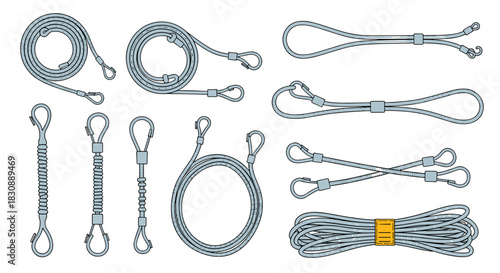 Collection of industrial wire rope slings, steel cables, and rigging hardware with various end fittings and configurations for lifting and securing.