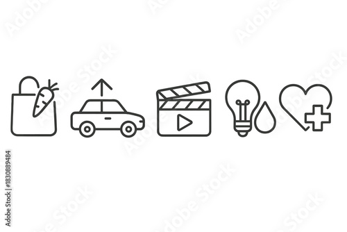 Essential line icons set for shopping, transportation, cinema, energy, and healthcare